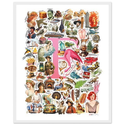 "F is for Festive" — a Renard Roux alphabet poster with English F words (pink version)