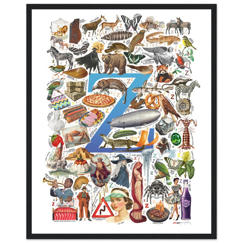 "Z is for Zenith" — a Renard Roux alphabet poster with English Z words (blue version)