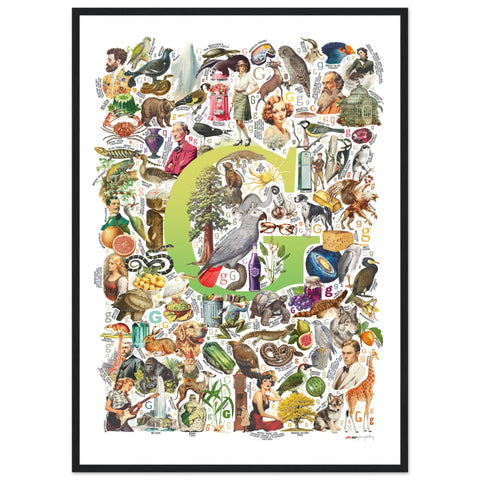 "G is for Great" — a Renard Roux alphabet poster with English G words (chartreuse version)