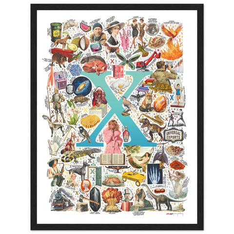 "X is for Xanadu" — a Renard Roux alphabet poster with English X words (turquoise version)