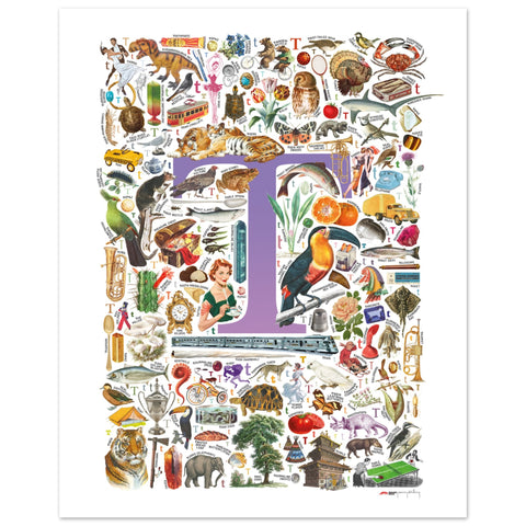 "T is for Treasure" — a Renard Roux alphabet poster with English T words (purple version)