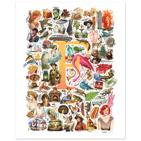 "F is for Festive" — a Renard Roux alphabet poster with English F words (yellow version)