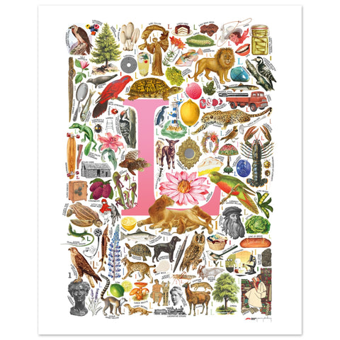 "L is for Learning" — a Renard Roux alphabet poster with English L words (pink version)