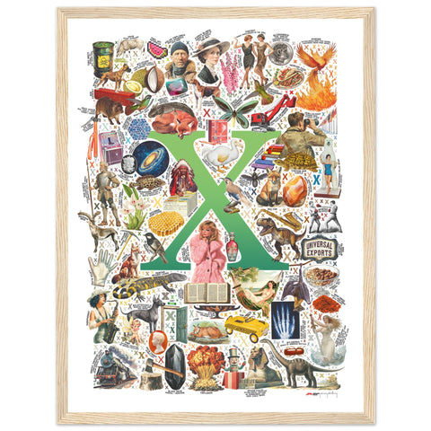 "X is for Xanadu" — a Renard Roux alphabet poster with English X words (green version)