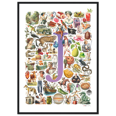 "J is for Journey" — a Renard Roux alphabet poster with English J words (purple version)