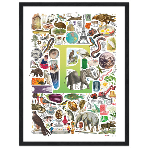 "E is for Explore" — a Renard Roux alphabet poster with English E words (chartreuse version)