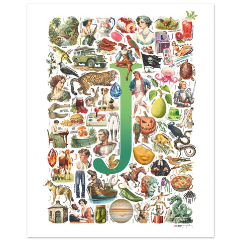 "J is for Journey" — a Renard Roux alphabet poster with English J words (green version)
