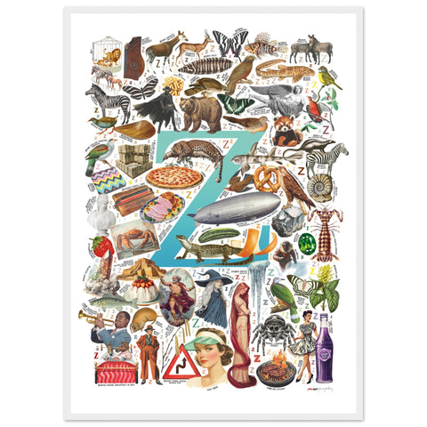 "Z is for Zenith" — a Renard Roux alphabet poster with English Z words (turquoise version)