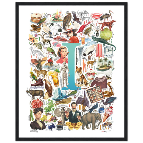 "I is for Imagination" — a Renard Roux alphabet poster with English I words (turquoise version)