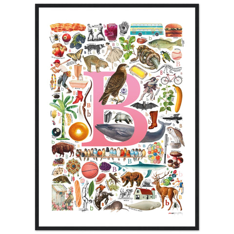 "B is for Brave" — a Renard Roux alphabet poster with English B words (pink version)