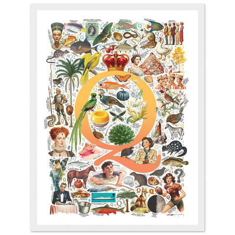 "Q is for Quest" — a Renard Roux alphabet poster with English Q words (yellow version)