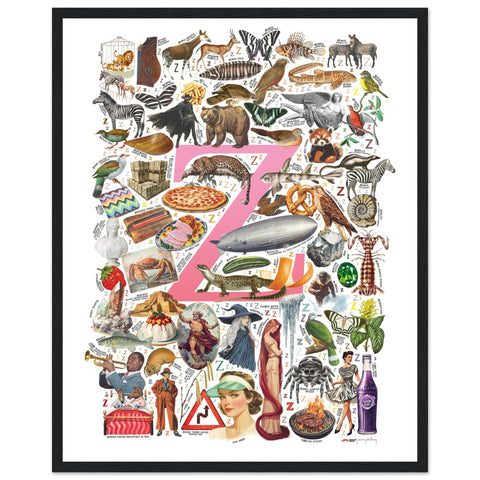 "Z is for Zenith" — a Renard Roux alphabet poster with English Z words (pink version)
