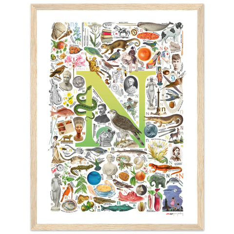 "N is for Nature" — a Renard Roux alphabet poster with English N words (chartreuse version)