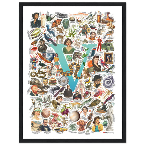 "V is for Voyage" — a Renard Roux alphabet poster with English V words (turquoise version)