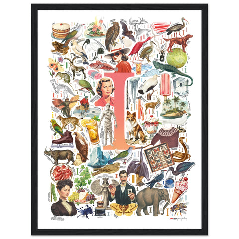 "I is for Imagination" — a Renard Roux alphabet poster with English I words (red version)