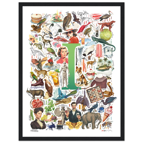 "I is for Imagination" — a Renard Roux alphabet poster with English I words (green version)