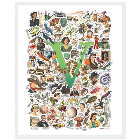 "V is for Voyage" — a Renard Roux alphabet poster with English V words (green version)