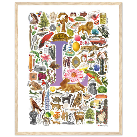 "L is for Learning" — a Renard Roux alphabet poster with English L words (purple version)