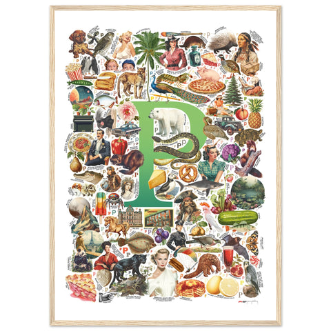 "P is for Pioneer" — a Renard Roux alphabet poster with English P words (green version)