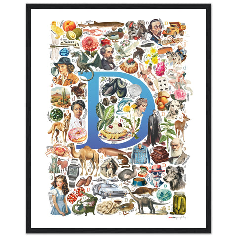 "D is for Discovery" — a Renard Roux alphabet poster with English D words (blue version)