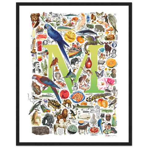 "M is for Magical" — a Renard Roux alphabet poster with English M words (chartreuse version)