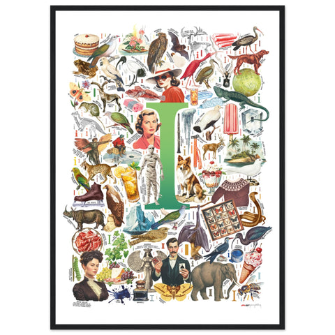 "I is for Imagination" — a Renard Roux alphabet poster with English I words (green version)