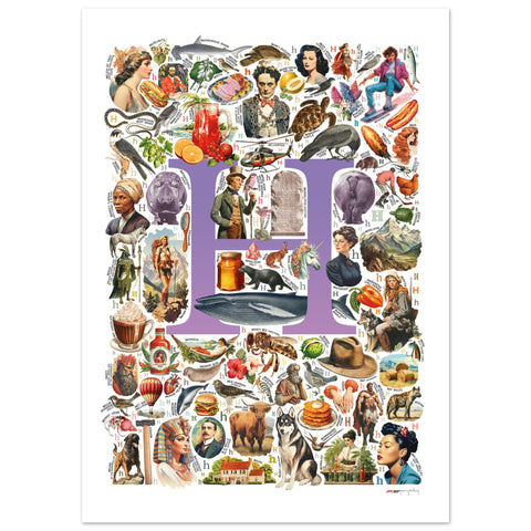 "H is for Heroes" — a Renard Roux alphabet poster with English H words (purple version)
