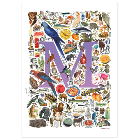 "M is for Magical" — a Renard Roux alphabet poster with English M words (purple version)