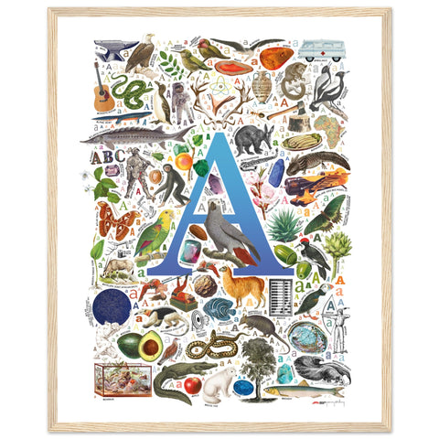 "A is for Adventure" — a Renard Roux alphabet poster with English A words (blue version)