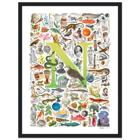 "N is for Nature" — a Renard Roux alphabet poster with English N words (chartreuse version)