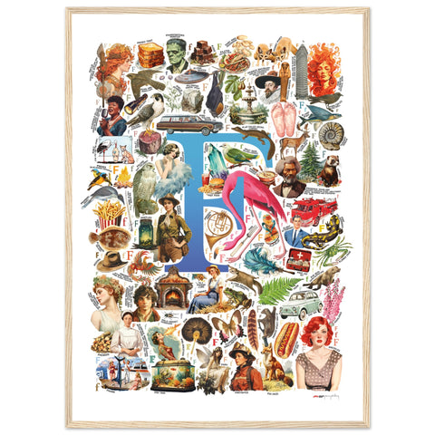 "F is for Festive" — a Renard Roux alphabet poster with English F words (blue version)