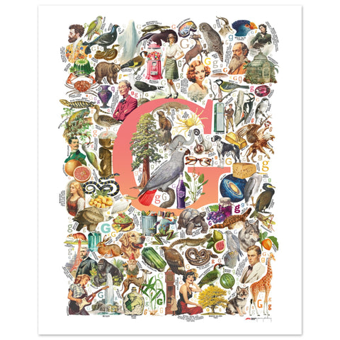 "G is for Great" — a Renard Roux alphabet poster with English G words (red version)