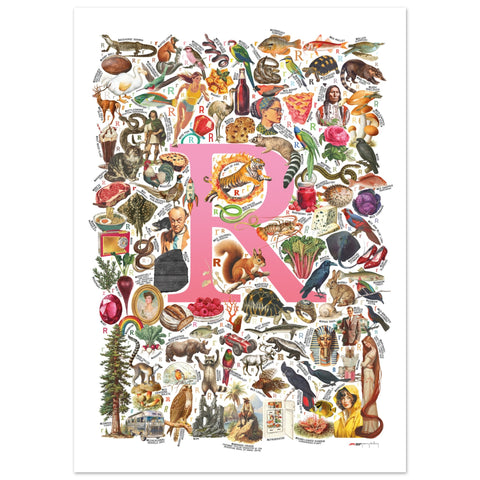 "R is for Remarkable" — a Renard Roux alphabet poster with English R words (pink version)