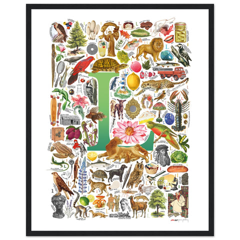 "L is for Learning" — a Renard Roux alphabet poster with English L words (green version)