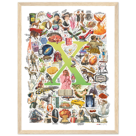 "X is for Xanadu" — a Renard Roux alphabet poster with English X words (chartreuse version)