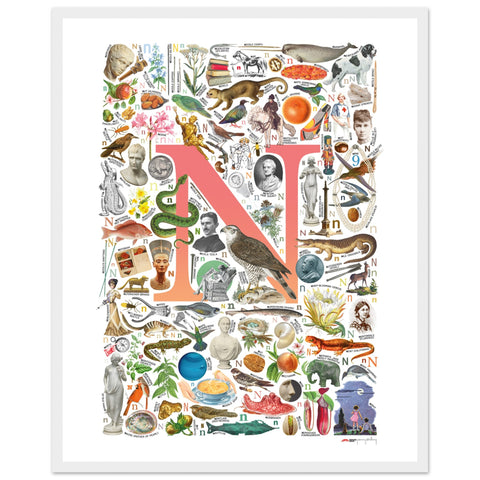 "N is for Nature" — a Renard Roux alphabet poster with English N words (red version)