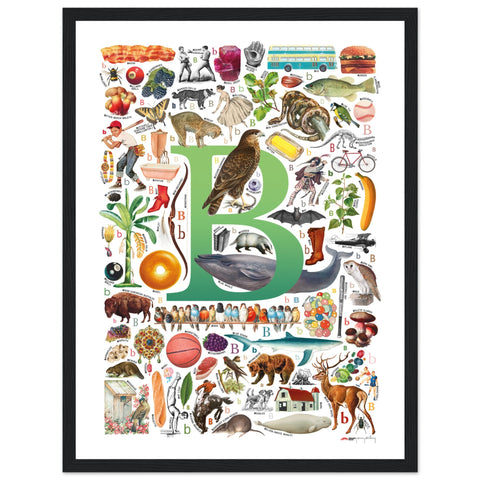 "B is for Brave" — a Renard Roux alphabet poster with English B words (green version)