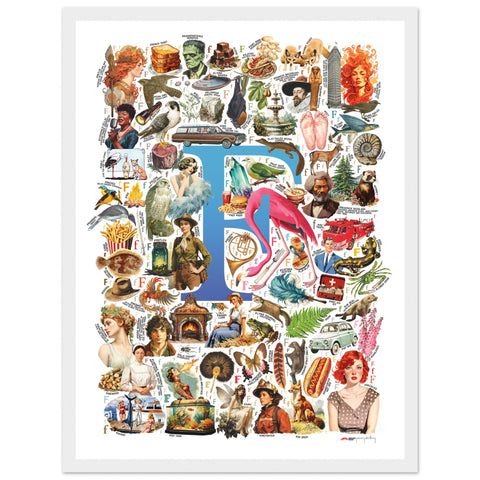 "F is for Festive" — a Renard Roux alphabet poster with English F words (blue version)