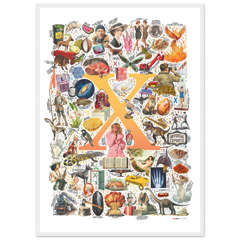 "X is for Xanadu" — a Renard Roux alphabet poster with English X words (yellow version)