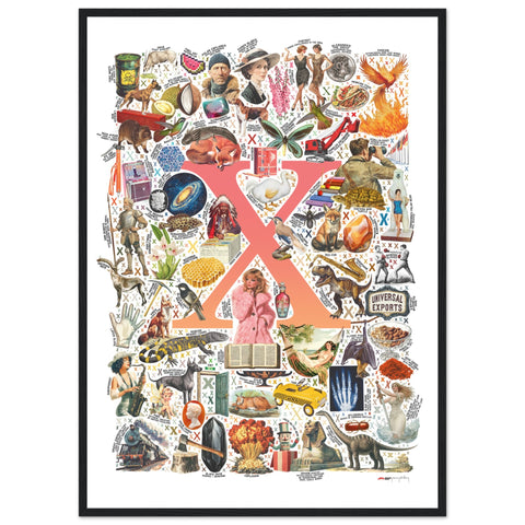 "X is for Xanadu" — a Renard Roux alphabet poster with English X words (red version)