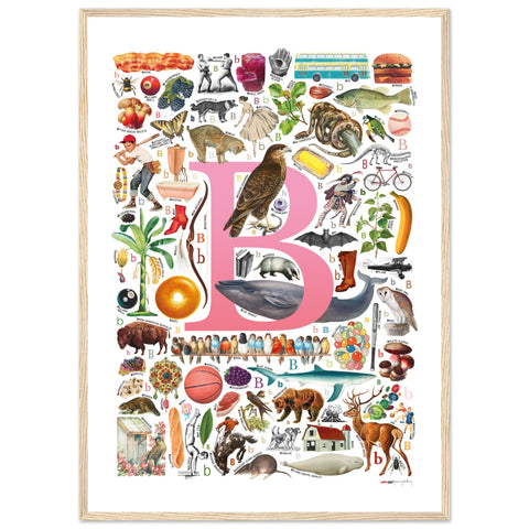 "B is for Brave" — a Renard Roux alphabet poster with English B words (pink version)