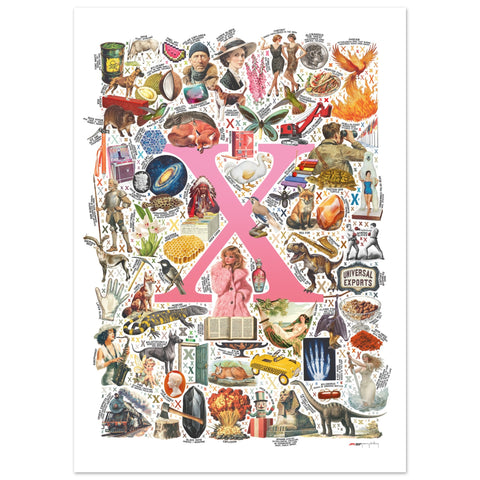 "X is for Xanadu" — a Renard Roux alphabet poster with English X words (pink version)