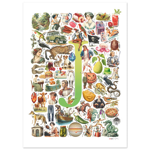 "J is for Journey" — a Renard Roux alphabet poster with English J words (chartreuse version)