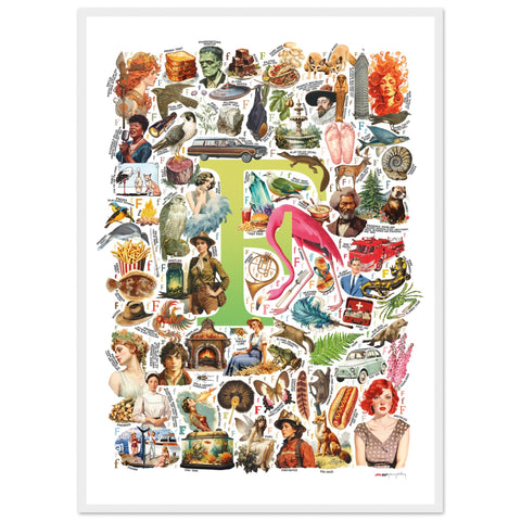"F is for Festive" — a Renard Roux alphabet poster with English F words (chartreuse version)