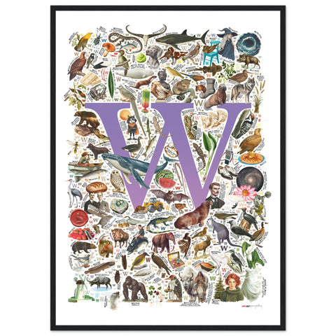 "W is for Wonder" — a Renard Roux alphabet poster with English W words (purple version)