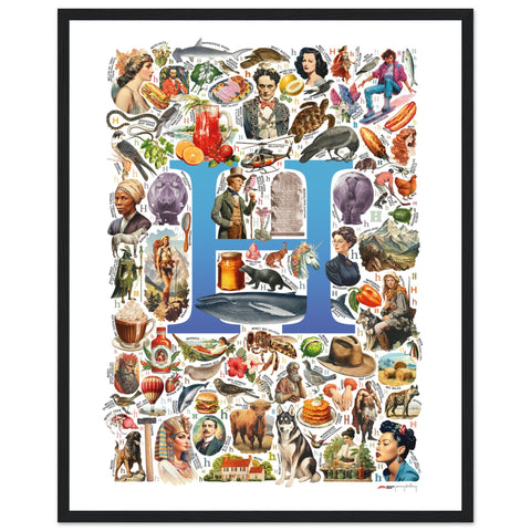 "H is for Heroes" — a Renard Roux alphabet poster with English H words (blue version)