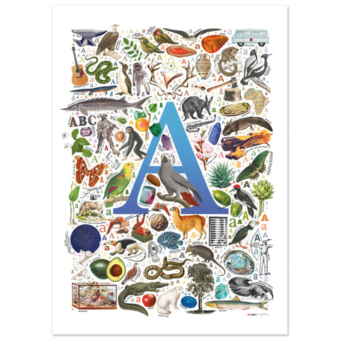 "A is for Adventure" — a Renard Roux alphabet poster with English A words (blue version)
