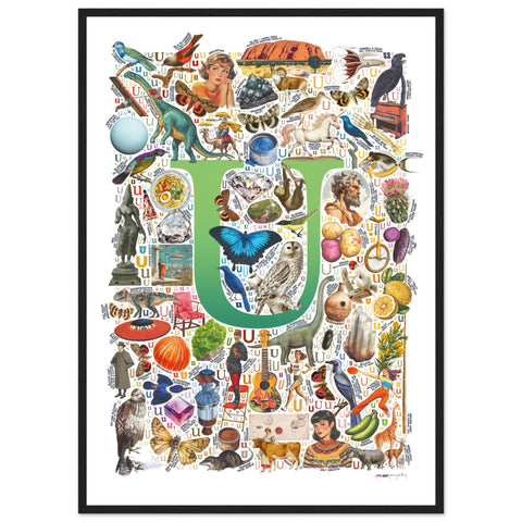 "U is for Unique" — a Renard Roux alphabet poster with English U words (green version)
