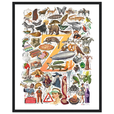 "Z is for Zenith" — a Renard Roux alphabet poster with English Z words (yellow version)