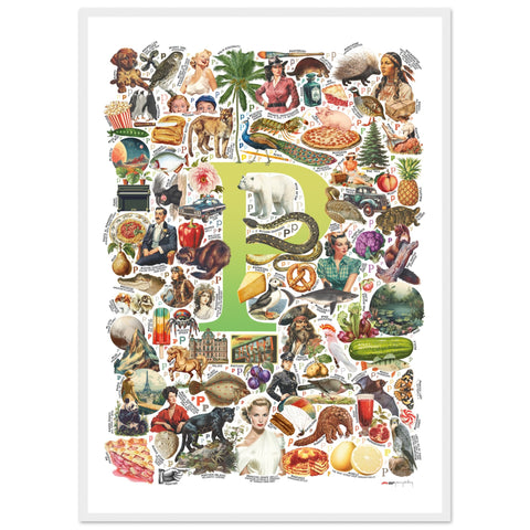 "P is for Pioneer" — a Renard Roux alphabet poster with English P words (chartreuse version)